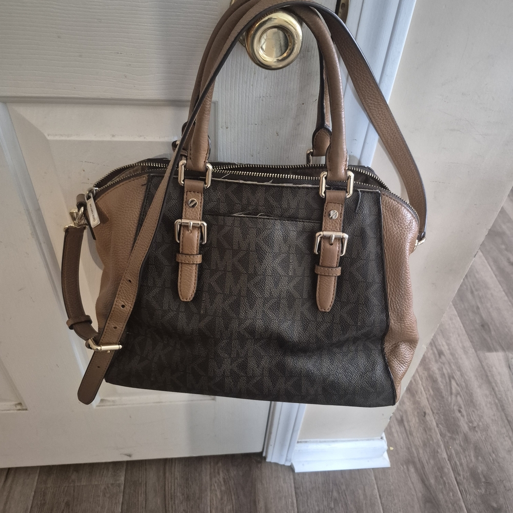 MICHAEL KORS Brown MK Monogram Satchel with Tan Trim